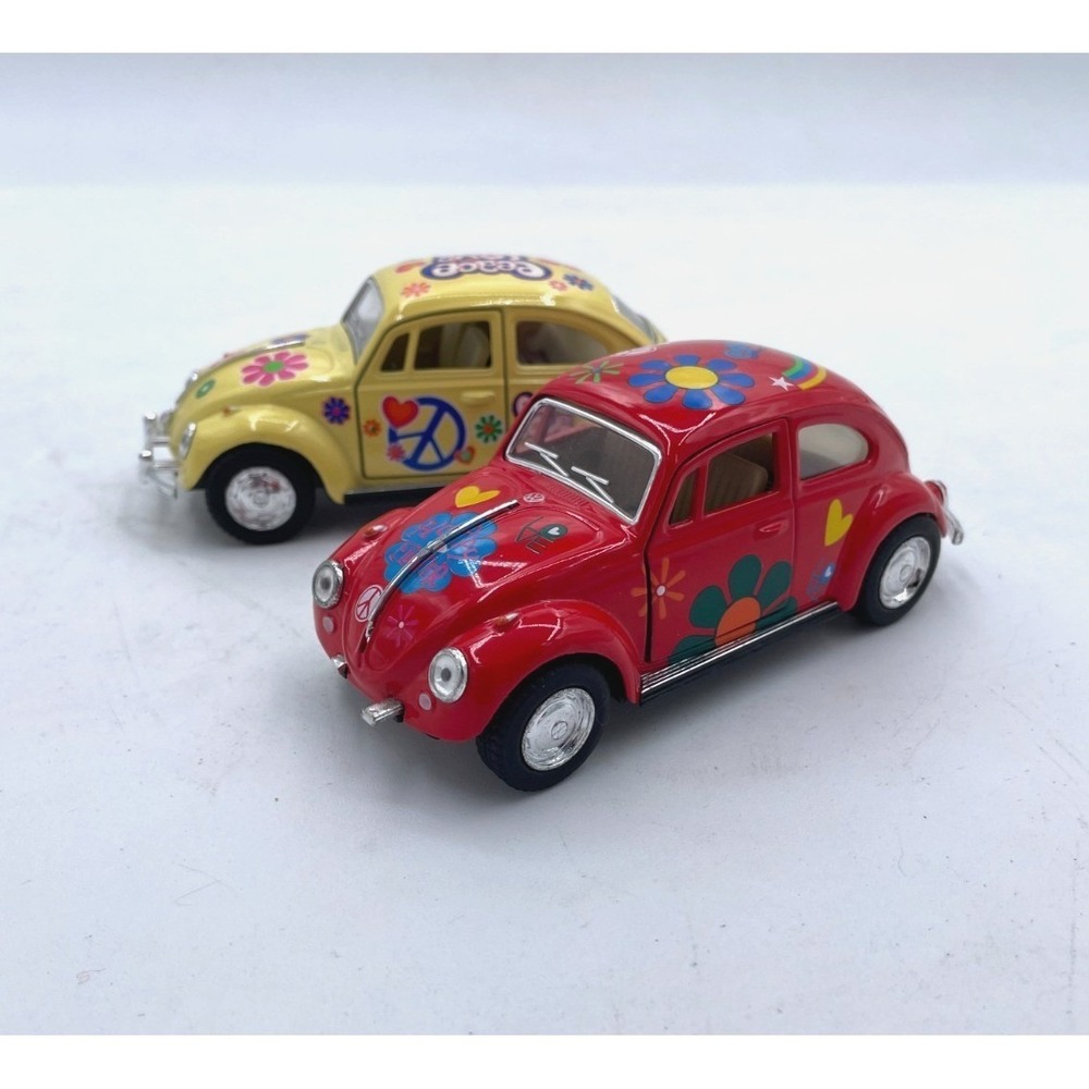 Lot of 2 Kinsmart 1967 Volkswagen Beetles Peace Love Diecast Model 1:32 Red 5" - Picture 2 of 12
